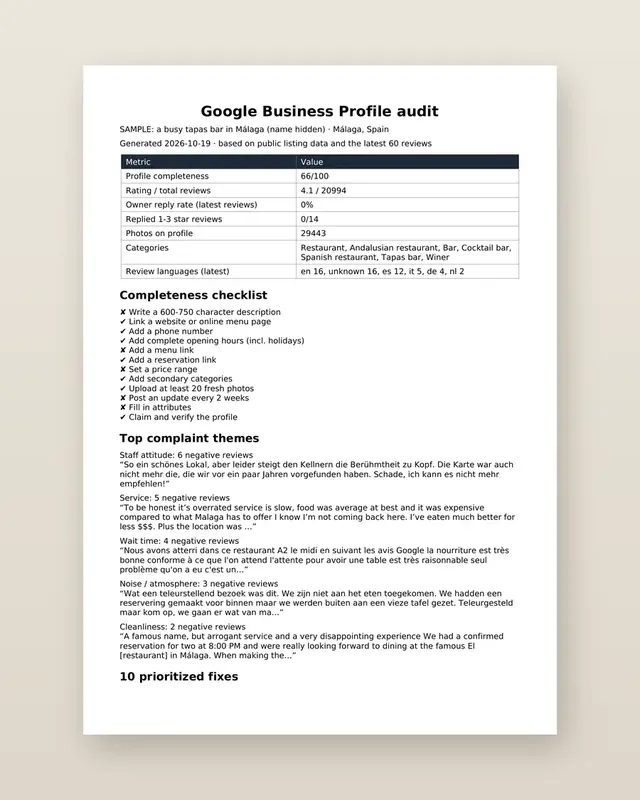 Google Profile Audit: Sample page 1