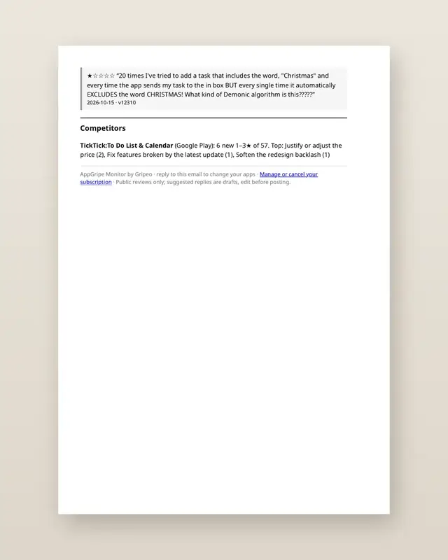 Weekly app review monitor: Example email, page 2
