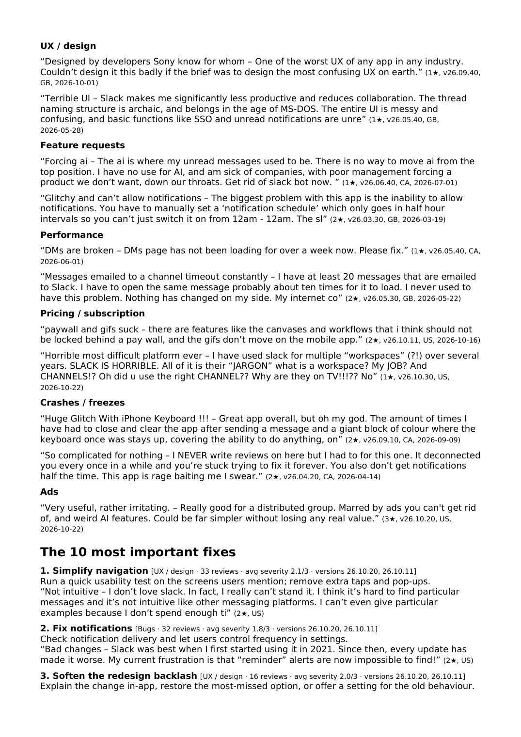 Page 2: representative review quotes for each complaint category.