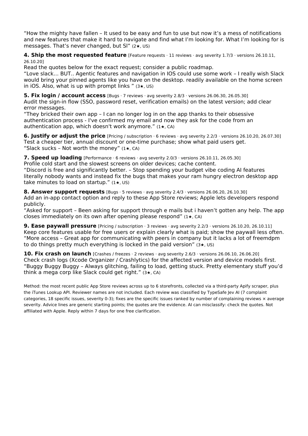 Page 3: ranked fixes, led by simplifying navigation (33 reviews) and fixing notifications (32 reviews).