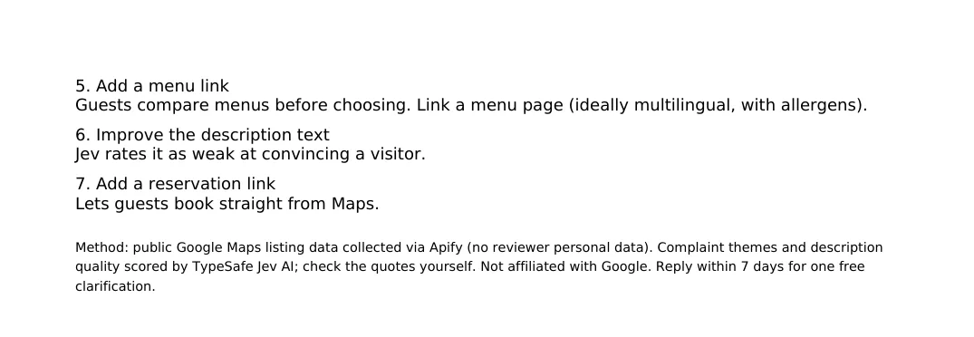 Page 2: fixes 5 to 7 (add a menu link, improve the description text, add a reservation link) and the method note.